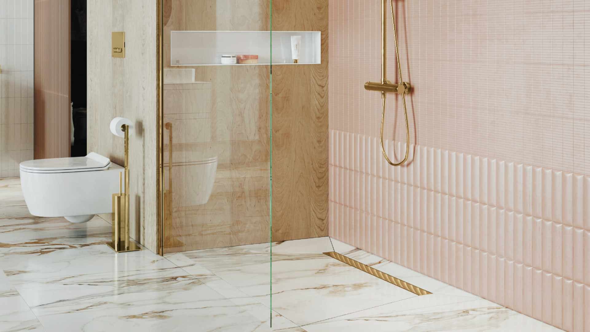 Stilio odpływ liniowy 60 cm z kołnierzem ruszt dekoracyjny, złoty połysk