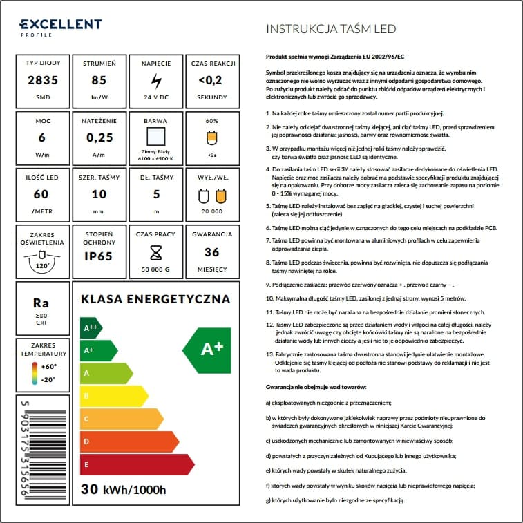 Taśma 60xLED 24V 6W Biała Zimna 5m