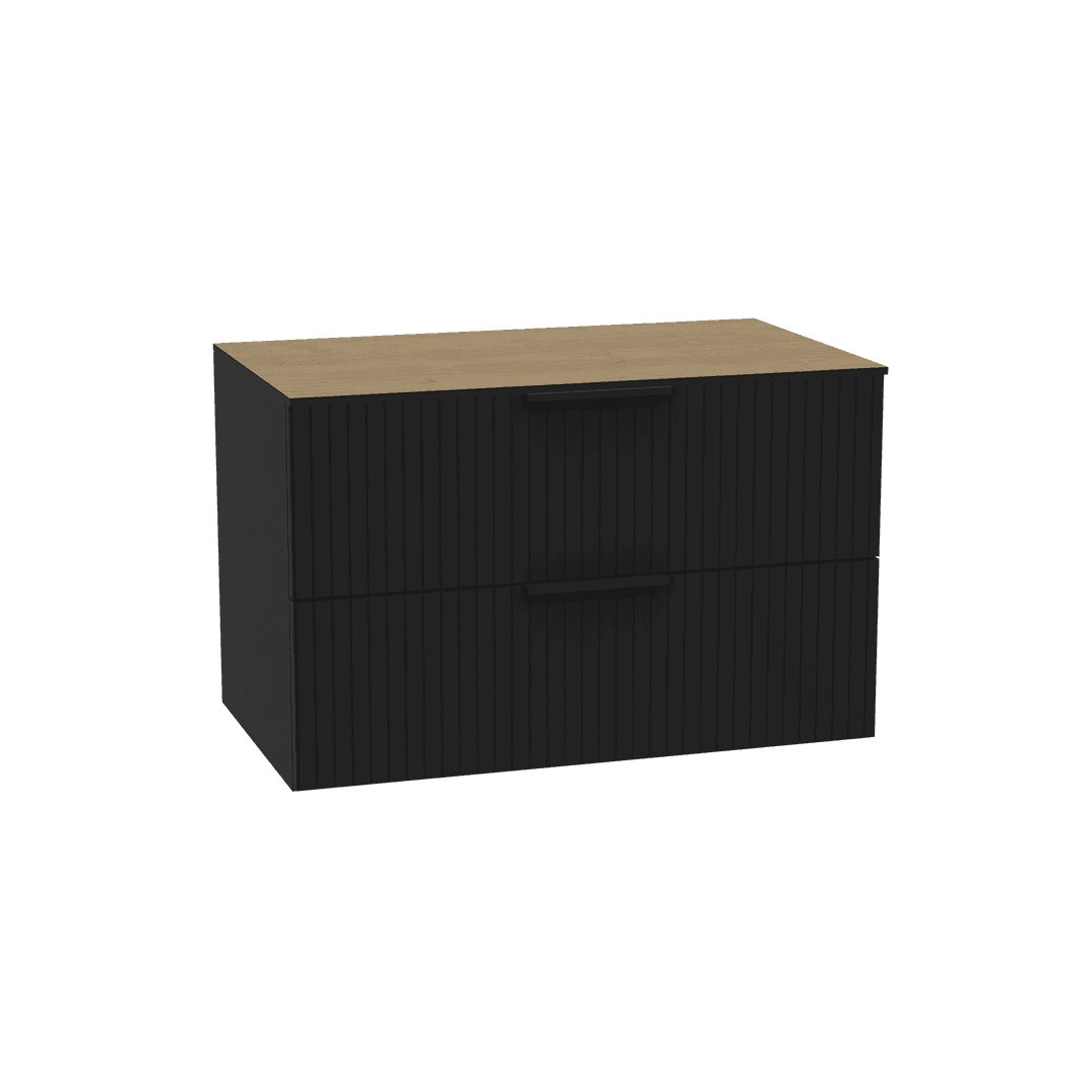 Tuto 2.0 szafka wisz膮ca 80 cm 2 szuflady front ryflowany, blat d膮b Hikora, czarny mat/czarny mat